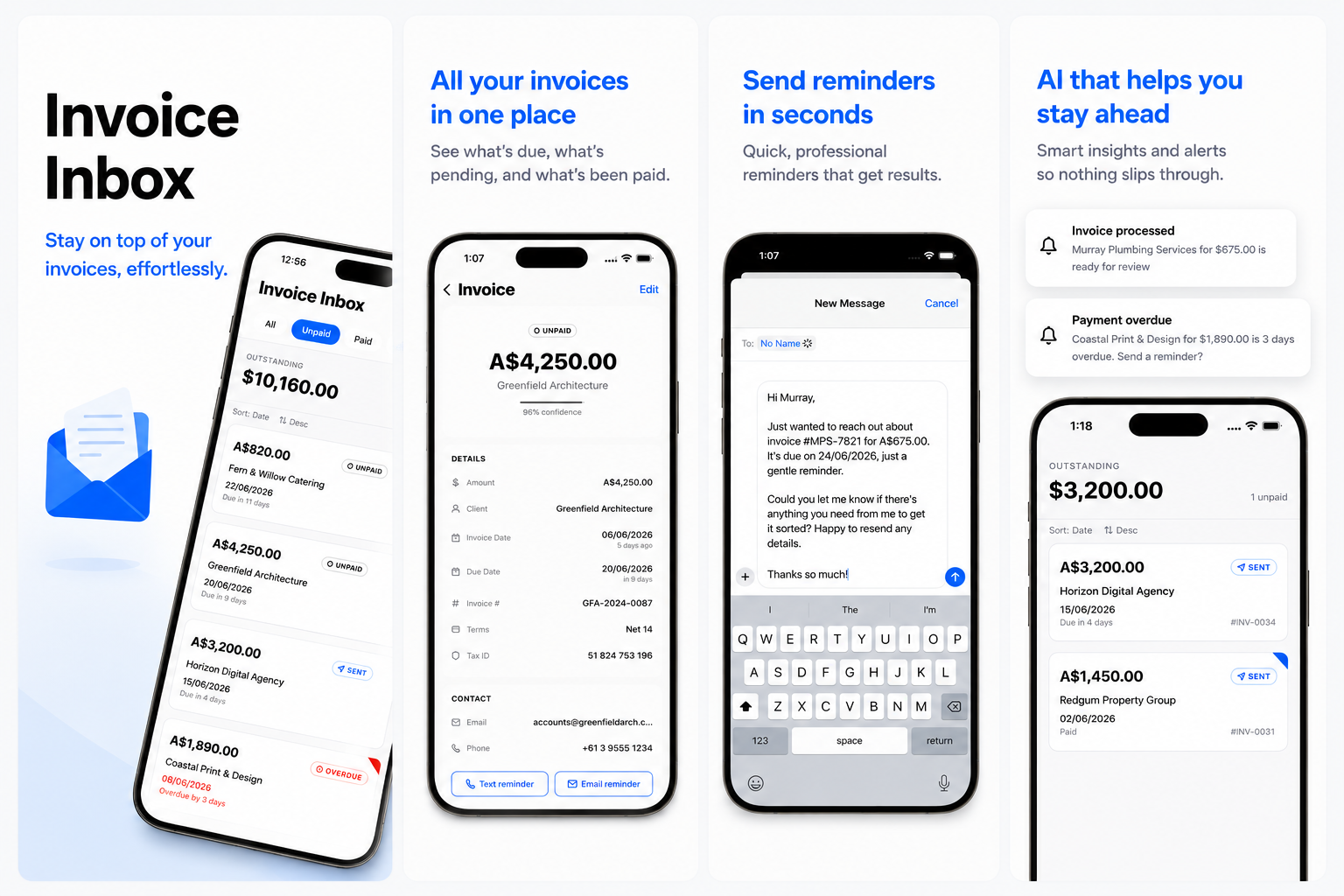 Invoice Inbox app screenshots showing invoice list, invoice details, reminder sending, and AI insights